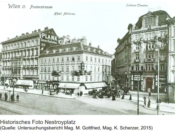 Historische Schwarz-Weiß-Aufnahme vom Nestroyplatz mit Blick auf das Theatergebäude und die umliegenden Gebäude